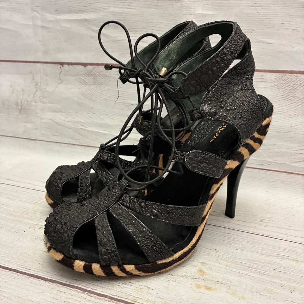 Donna Karan Zebra Calf Hair High Heels Womens 8B Black Tan Leather Lace Up